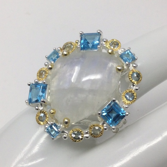 Genuine Moonstone & Emerald Cut Topaz Ring - Picture 3 of 8